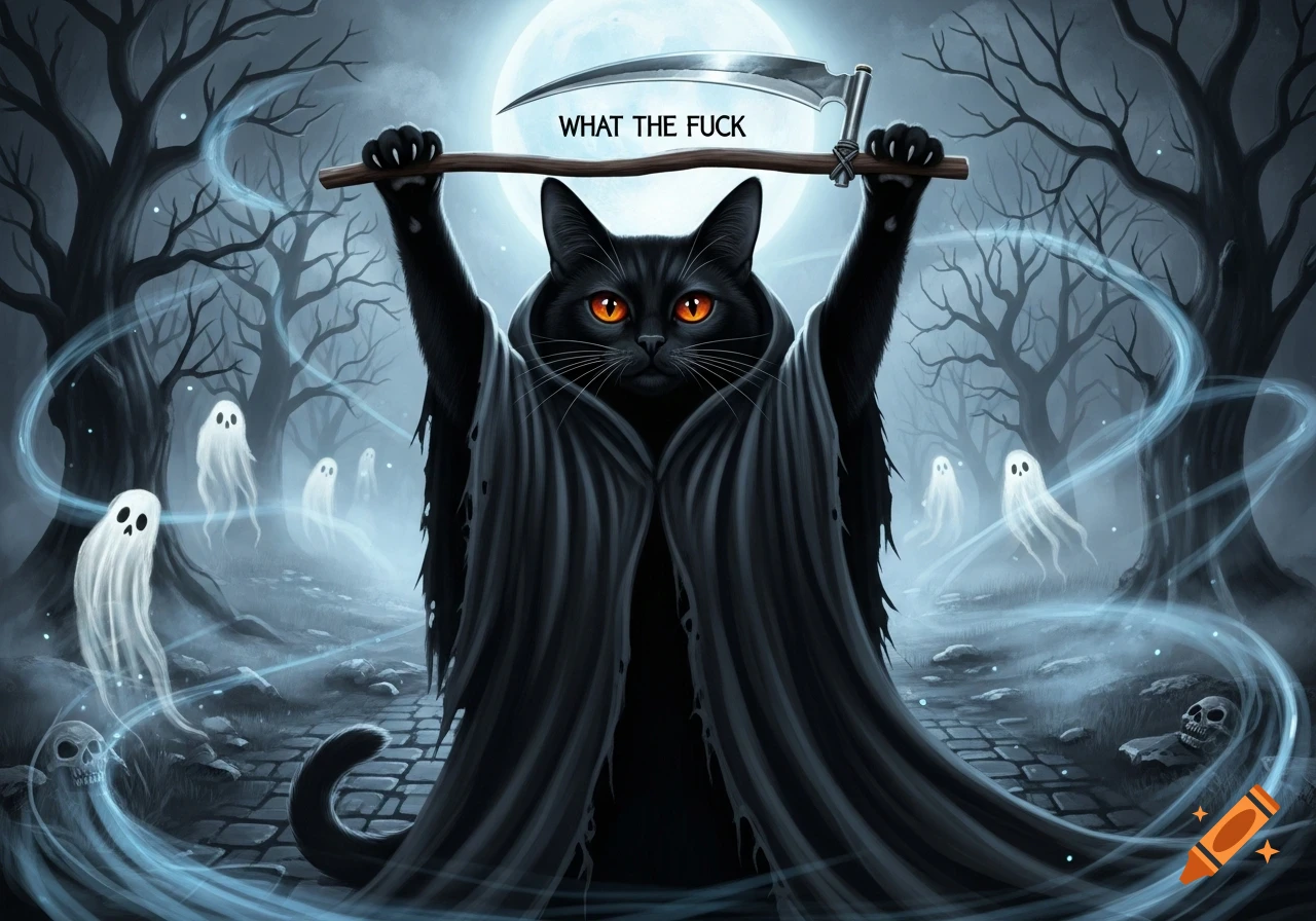A black cat grim reaper holding a scythe with 'WHAT THE FUCK' text, stands in a spooky forest with ghosts under a full moon.