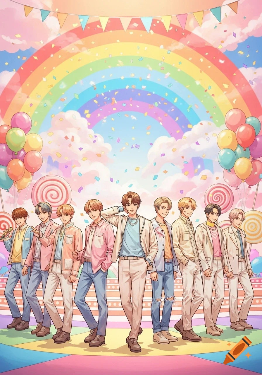 Eight anime boys in pastel outfits stand on a colorful stage with balloons, lollipops, and falling confetti under a large rainbow.