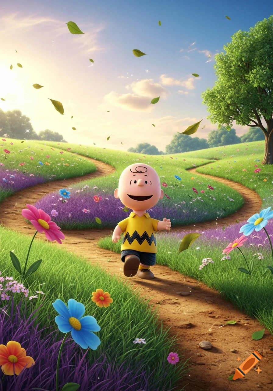 Charlie Brown walks happily on a dirt path through a vibrant, psychedelic meadow with colorful flowers and falling leaves under a bright sky.