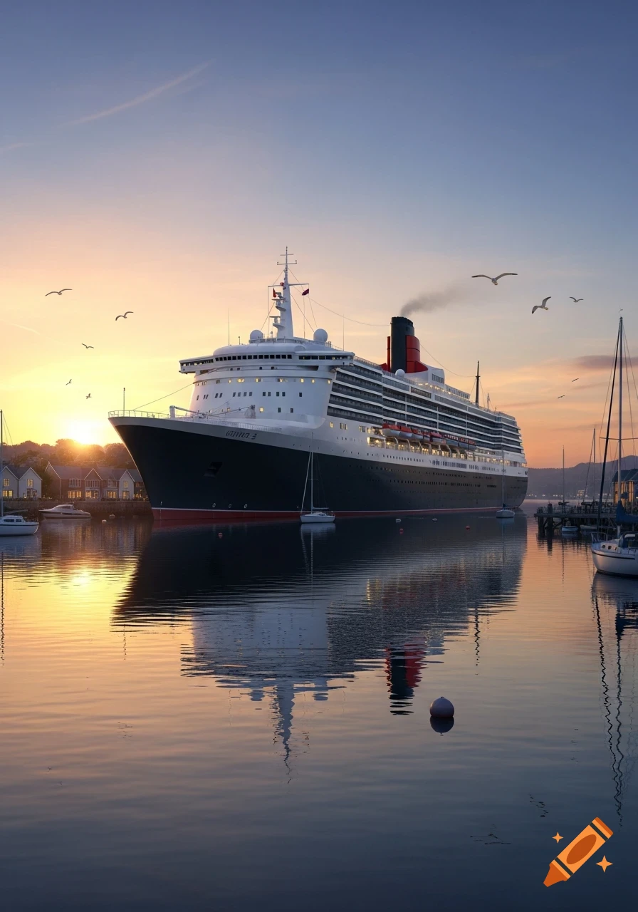 A large white and dark blue cruise ship, possibly the Queen Elizabeth 2, docked in a harbor at sunset, with its reflection visible in the calm water.