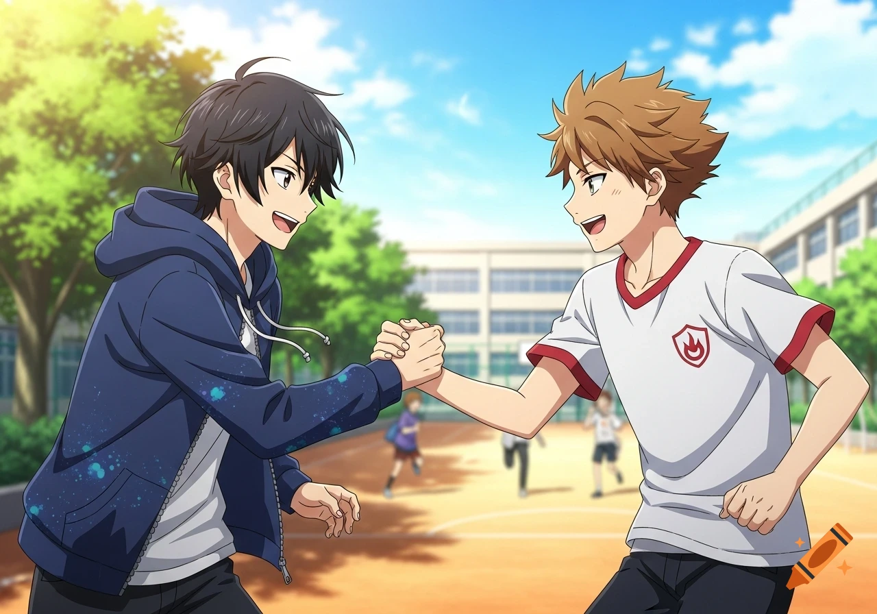 Two smiling anime boys shake hands on a sunny schoolyard with other children in the background.