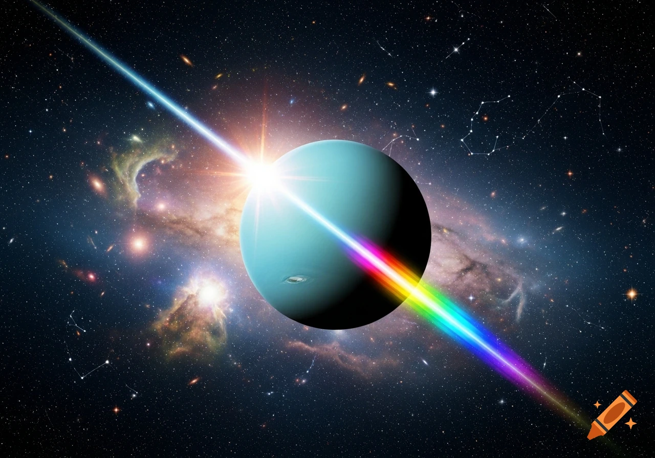 A vibrant image of the planet Uranus in space, illuminated by a bright sun-like light casting a rainbow ray across its surface, surrounded by stars and galaxies.