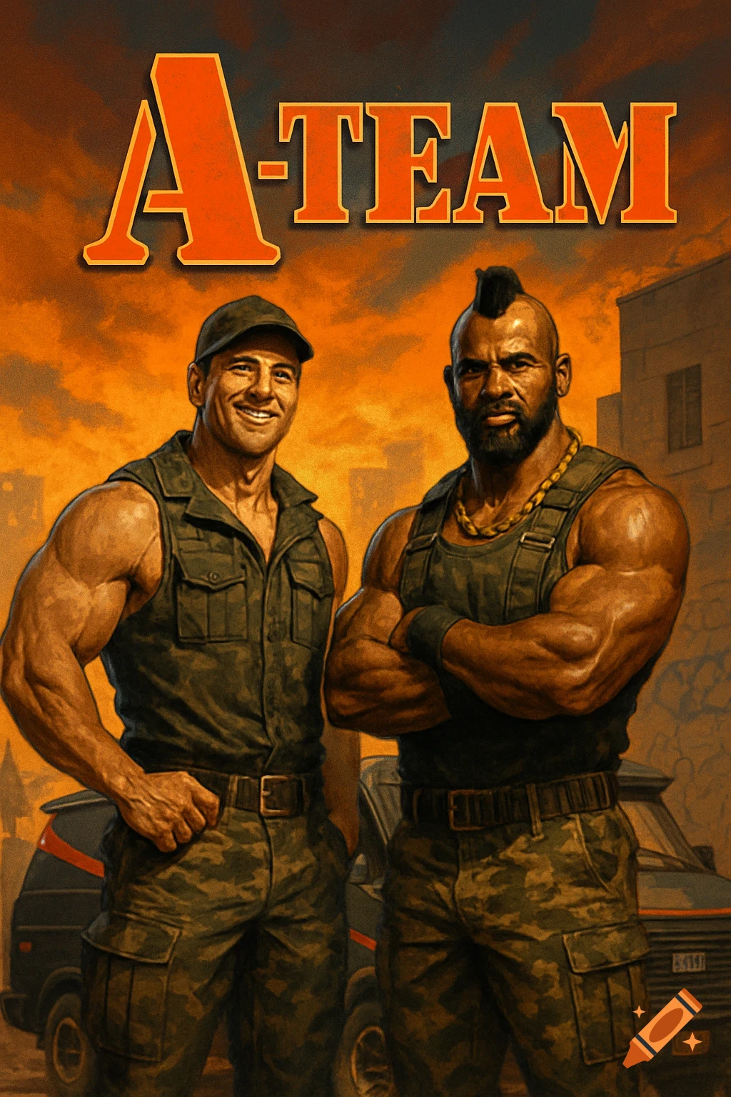 Illustrated poster of two muscular men, A-Team characters, with 'A-TEAM' text, against an orange sky and urban background with a black van.