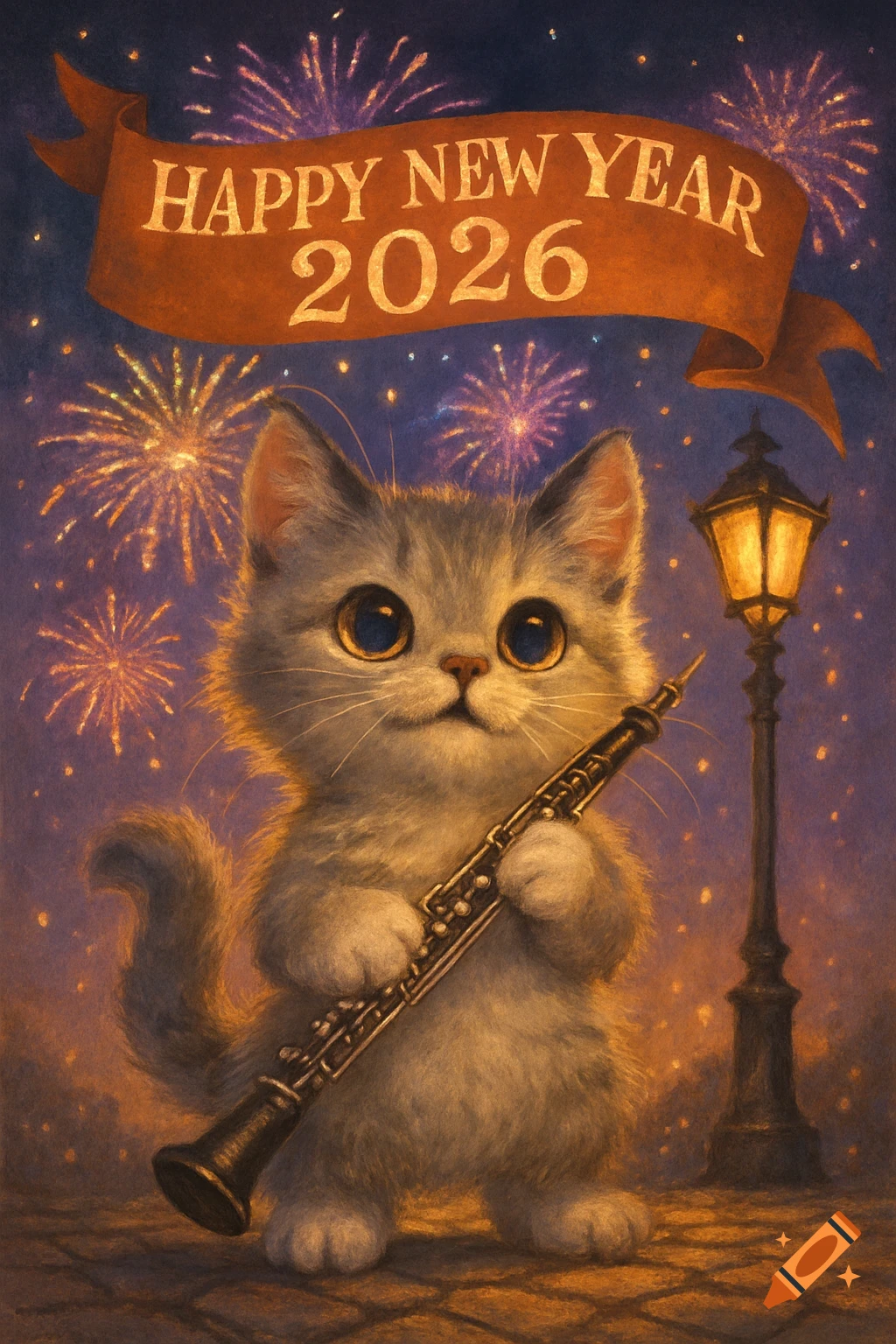 A cute, fluffy gray kitten holding an oboe under a banner that reads "Happy New Year 2026" with fireworks and a lamppost in an illustration style.