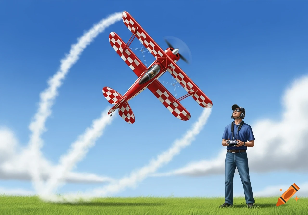 An RC pilot on a grassy field watches his red and white checkered biplane perform a looping maneuver in a clear blue sky, leaving a white smoke trail.