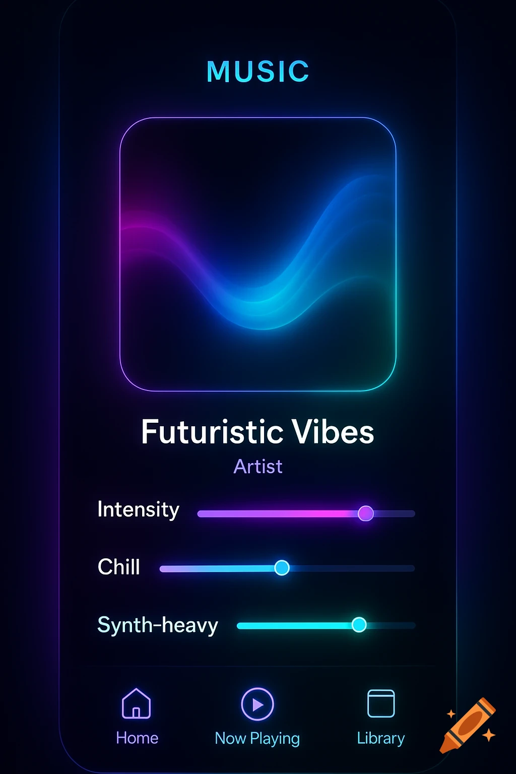 Sleek, dark futuristic music app interface with glowing neon purple and blue waves, 'Futuristic Vibes' playing, and mood sliders.