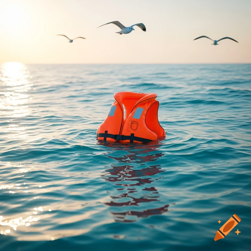 An orange lifejacket floats in the calm blue ocean under a bright sky with three seagulls flying above. Photorealistic.