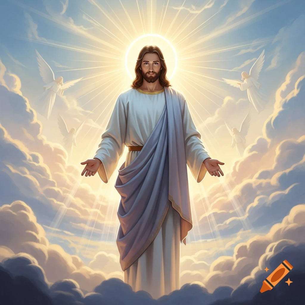 Jesus with a halo and outstretched hands, surrounded by glowing clouds and ethereal angels in a bright, radiating sky.
