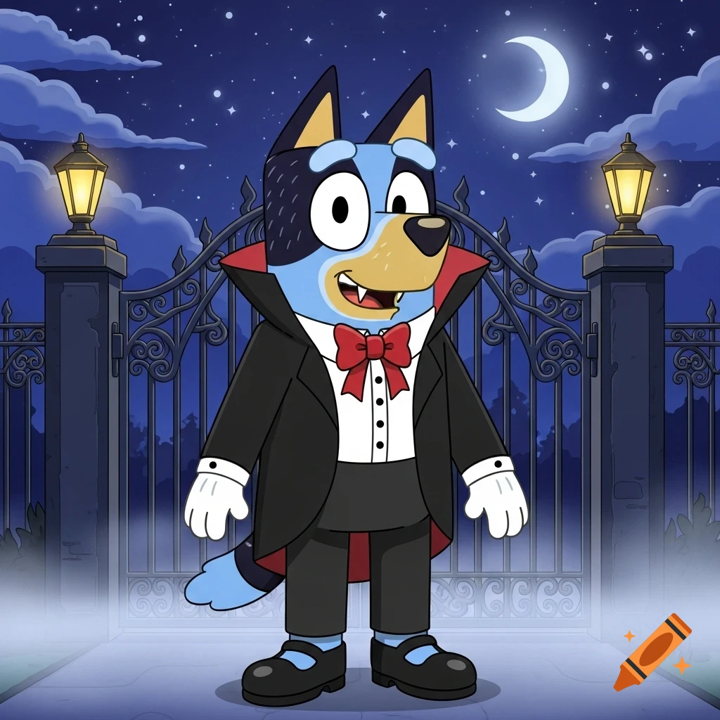 Cartoon Bluey Heeler in a vampire costume with fangs, smiling in front of a spooky gate under a crescent moon at night.