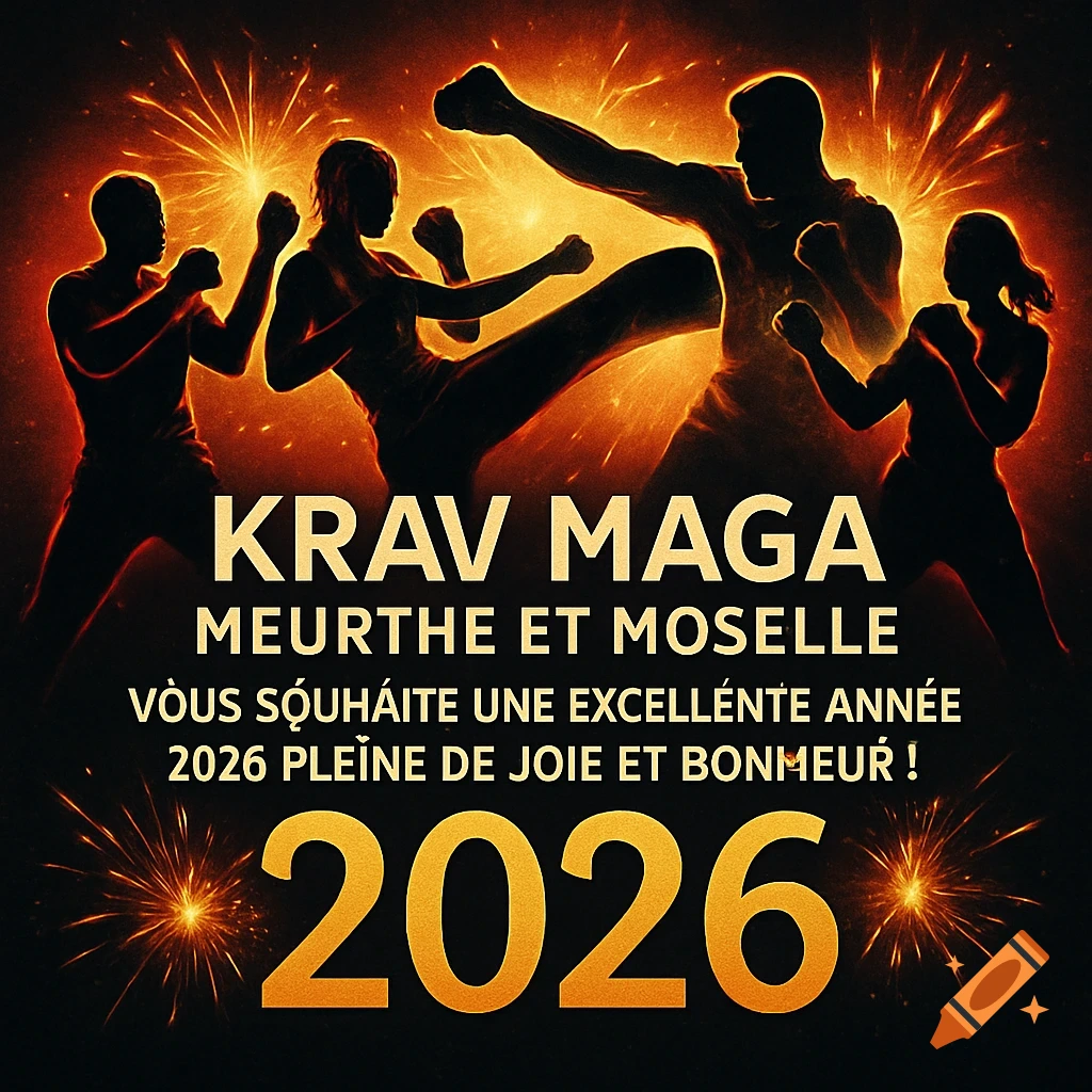 Dynamic New Year 2026 greeting card with four Krav Maga silhouettes in striking poses against a fiery background with fireworks and celebratory text.