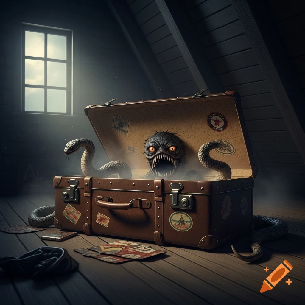 A monstrous creature with glowing orange eyes and sharp teeth emerges from an open brown suitcase, surrounded by snakes in a dusty attic, bathed in light from a window.