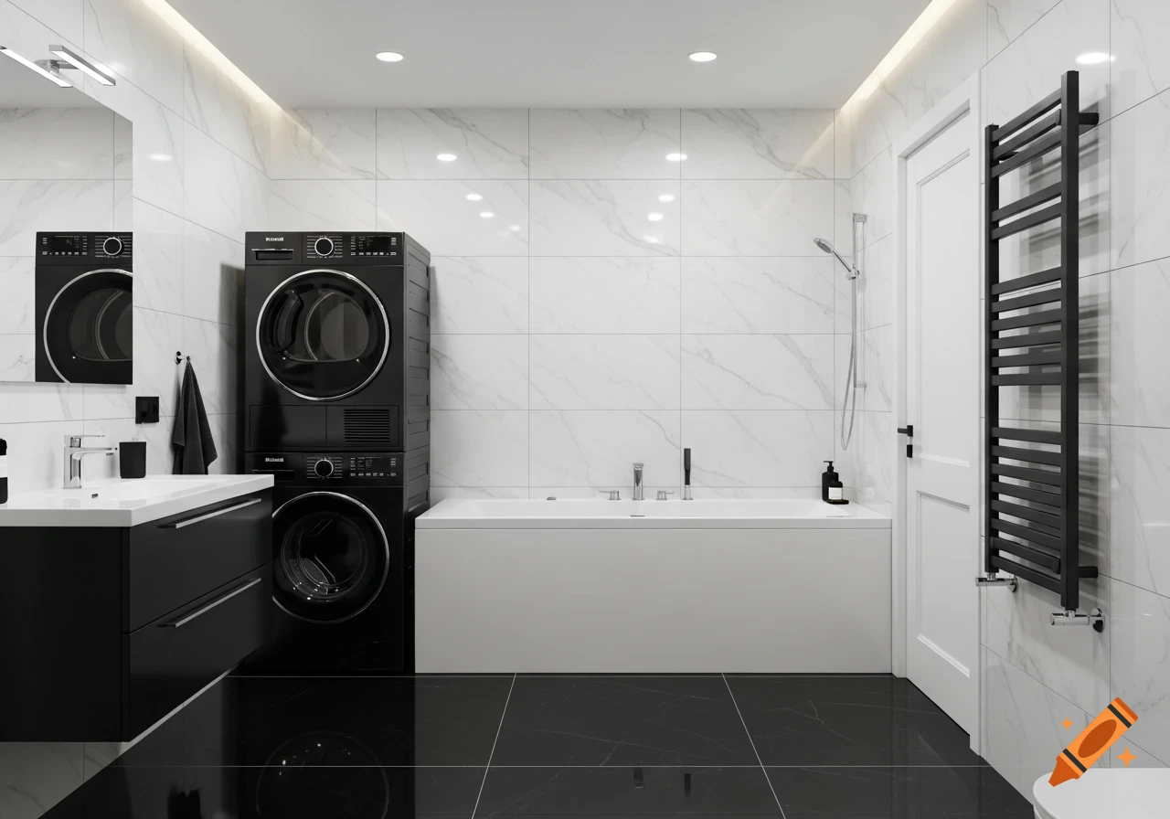 Modern black and white bathroom with a white tub, stacked black washer/dryer, black vanity, white marble walls, and black tile floor.
