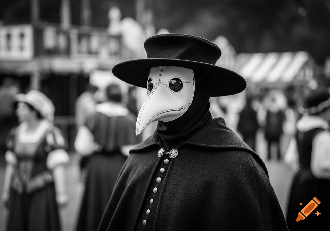 Black and white photorealistic image of a plague doctor in a white mask and black cloak at a Renaissance festival.