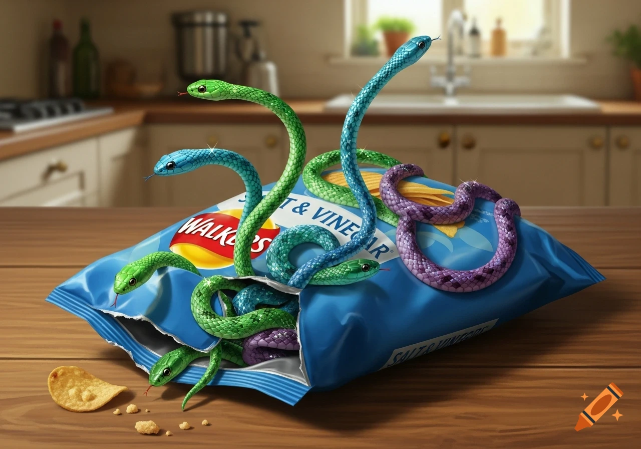 Colorful snakes slither out of an open bag of Walkers Salt & Vinegar crisps on a wooden kitchen counter.