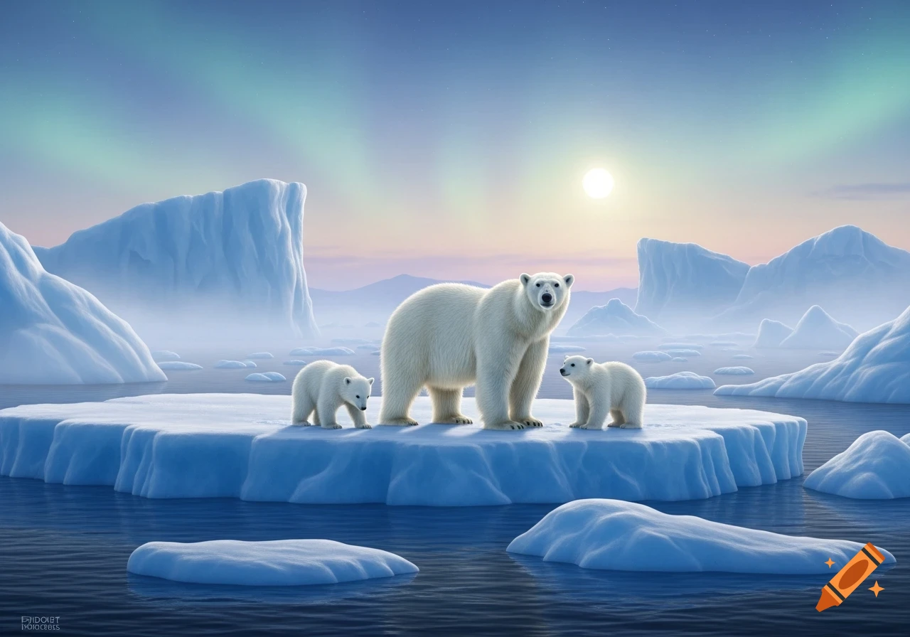 A photorealistic mother polar bear and two cubs stand on an iceberg in the arctic ocean with large icebergs, a low sun, and aurora borealis.
