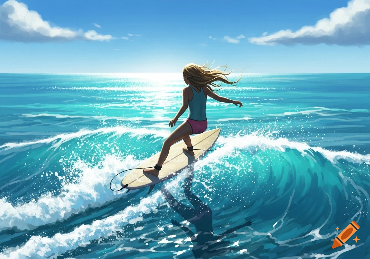 Stylized illustration of a blonde-haired girl surfing on a bright turquoise ocean wave under a clear blue sky.