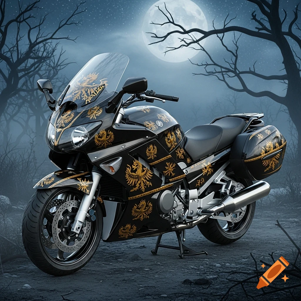 Black motorcycle with gold eagle-like designs parked on a dirt path under a full moon and bare trees in a dark, atmospheric setting.