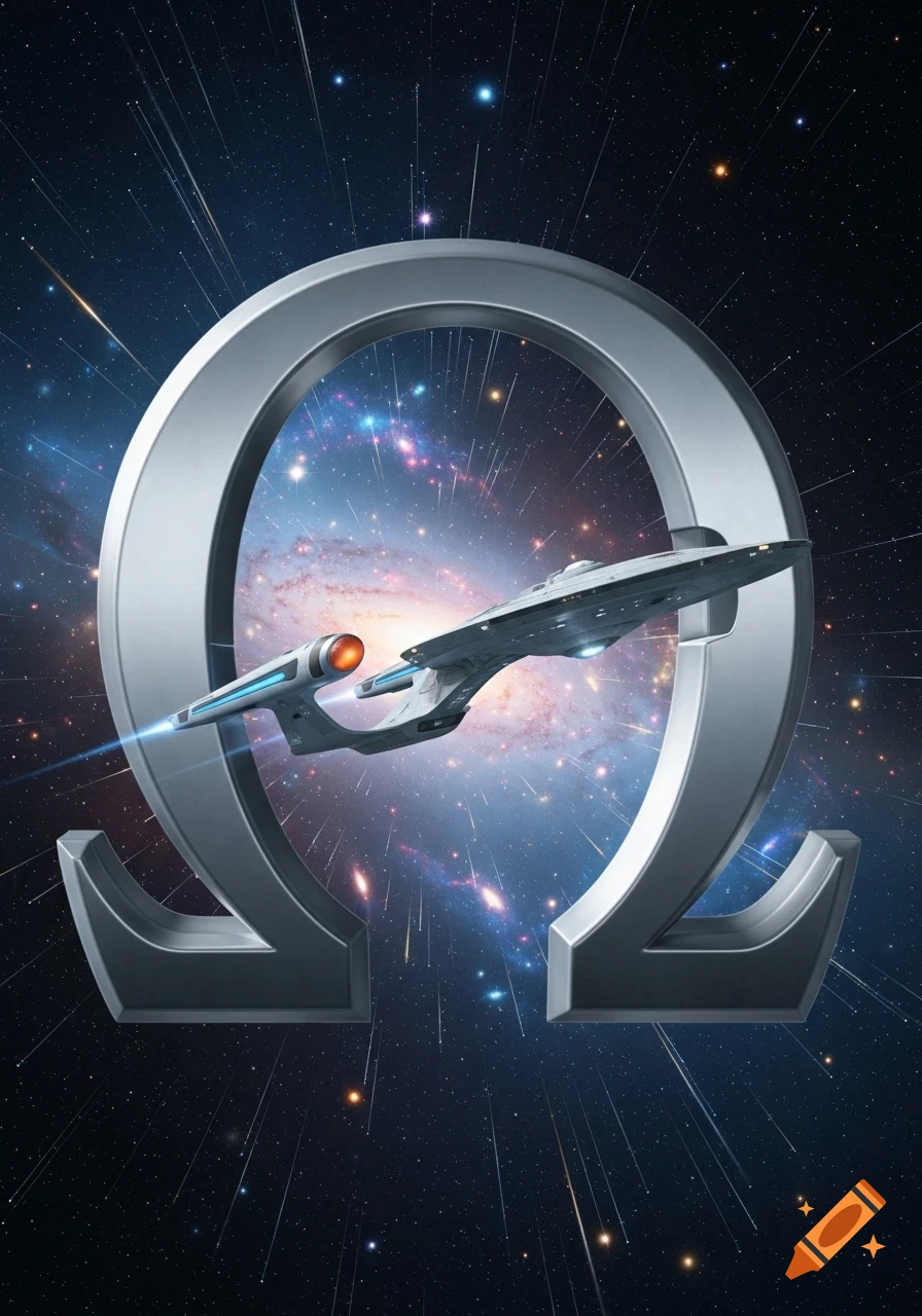 A USS Voyager starship flying through a large silver Omega symbol in a vibrant starry galaxy with warp speed lines.