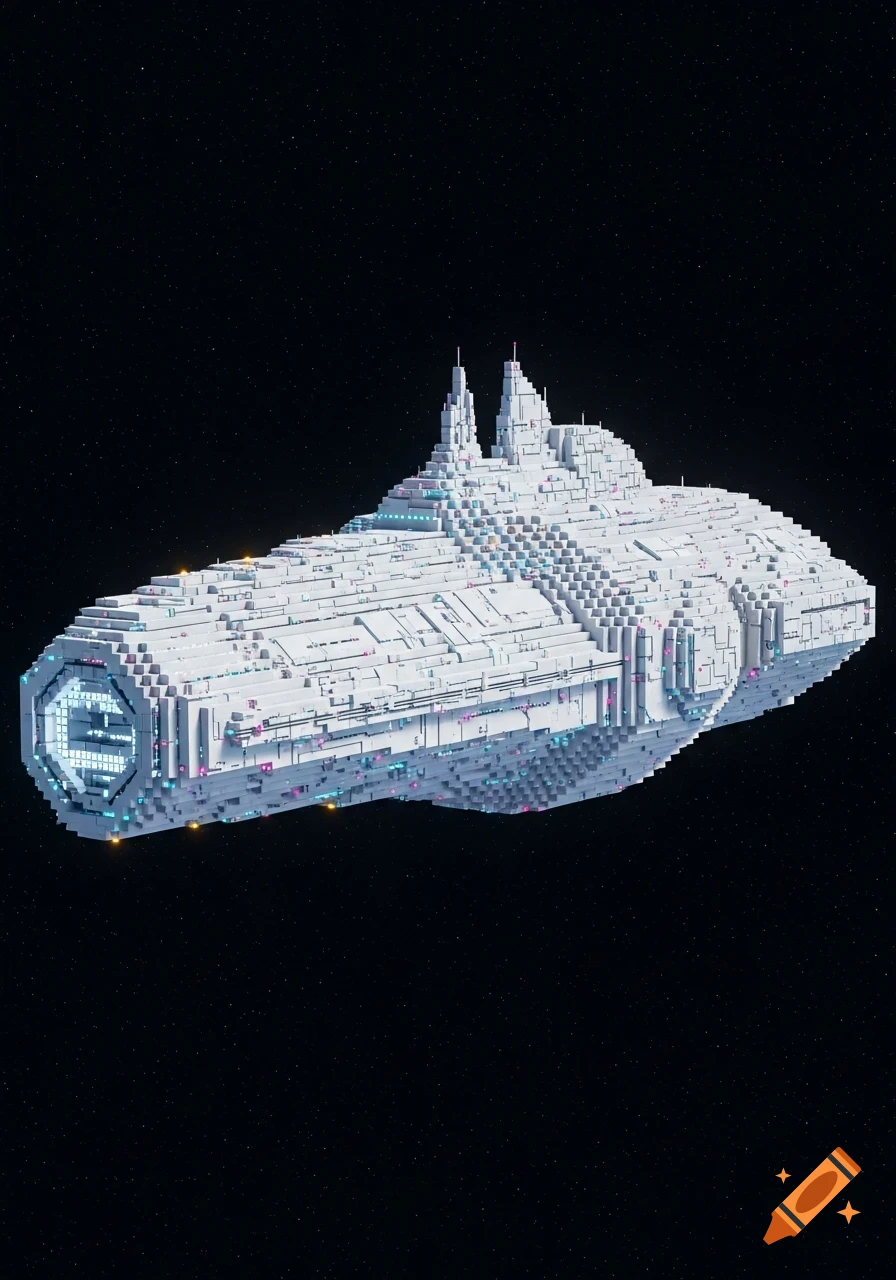 A white block-based spaceship with circuit-like markings and colorful lights floats in a starry black space.