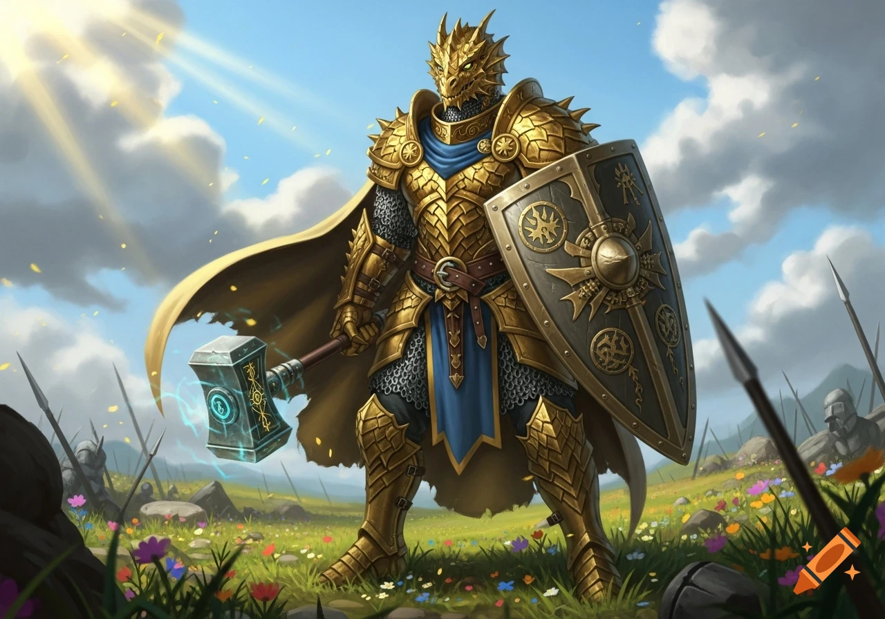 A gold dragonborn paladin in gleaming golden armor and a blue sash stands in a flowery field under a sunny sky, holding a glowing warhammer and an ornate shield.