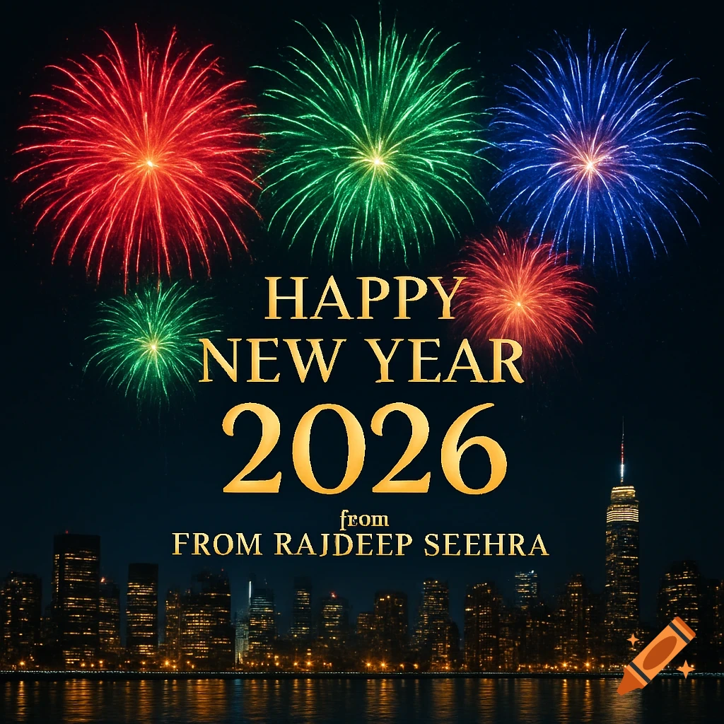 Colorful fireworks illuminate a city skyline at night with 'Happy New Year 2026 from Rajdeep Seehra' text.