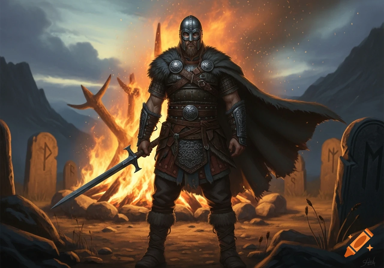 A heavily armored Viking warrior stands before a roaring bonfire and runic gravestones under a dramatic sky.