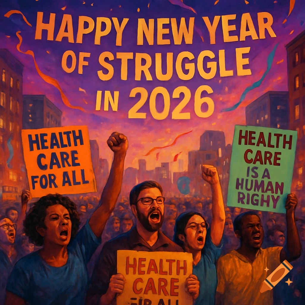 A vibrant, painterly illustration of diverse demonstrators raising fists and holding signs for "HEALTH CARE FOR ALL" and a banner proclaiming "HAPPY NEW YEAR OF STRUGGLE IN 2026" in a city street at dusk.