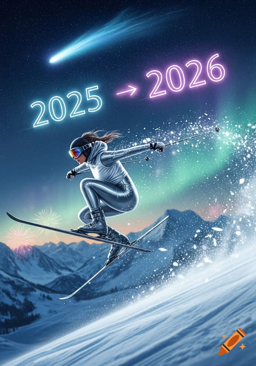 A female skier jumps over snowy mountains under a starry night sky with a comet, aurora, and neon text "2025 -> 2026".