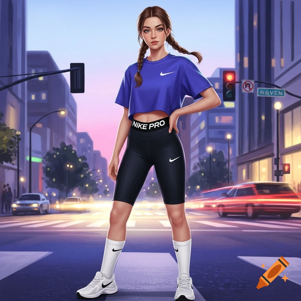 A young woman with braided hair wears a purple Nike Pro crop top, black Nike Pro shorts, and white Nike sneakers, standing confidently on a city street at dusk.