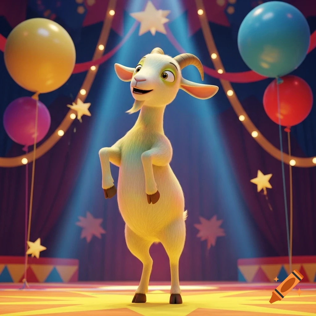 Cartoon goat standing on hind legs in a brightly lit circus tent with balloons and spotlights.