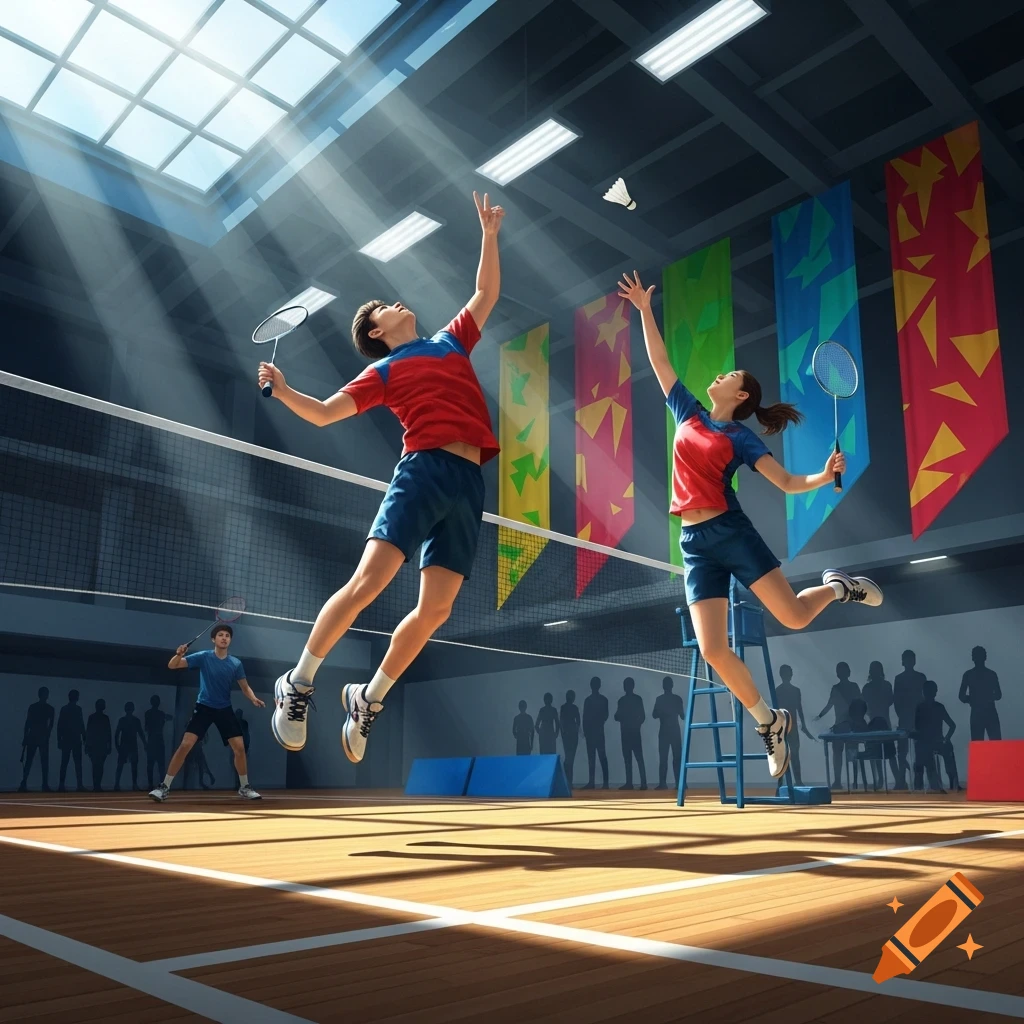 Two badminton players, a man and a woman, jump to hit a shuttlecock over a net on an indoor court with sunbeams.