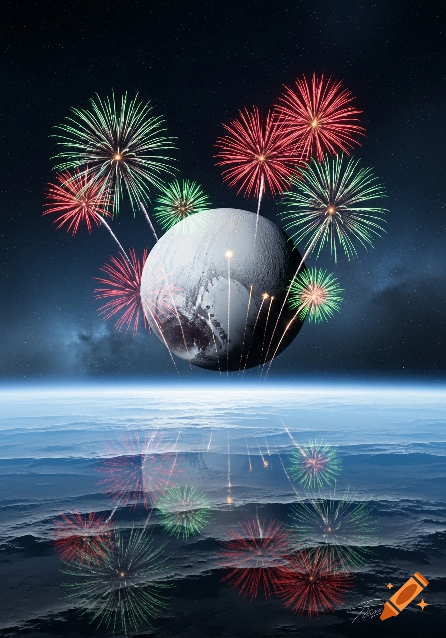 Photorealistic image of Pluto in space with red and green fireworks exploding around it, reflected on a hazy blue atmosphere below.
