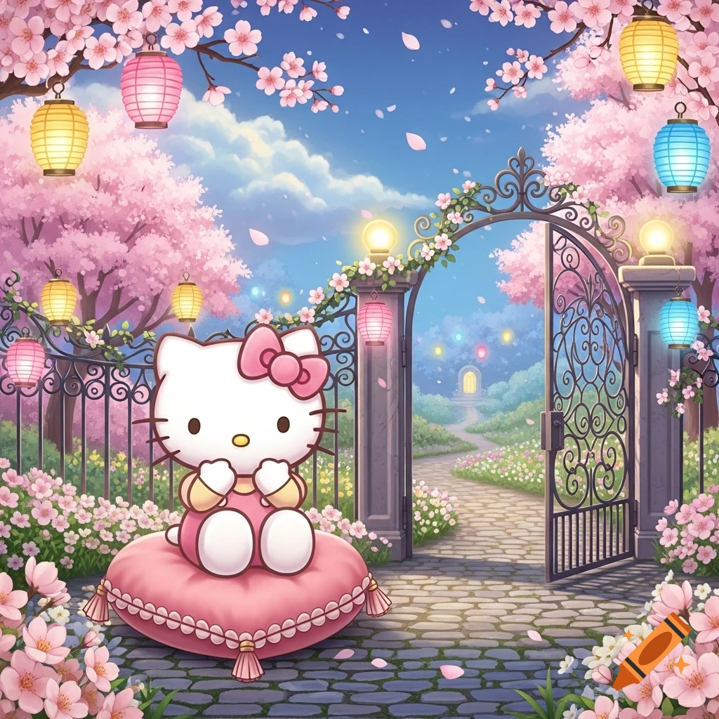 Hello Kitty sits on a pink pillow in a whimsical cherry blossom garden with lanterns and an open ornate gate.