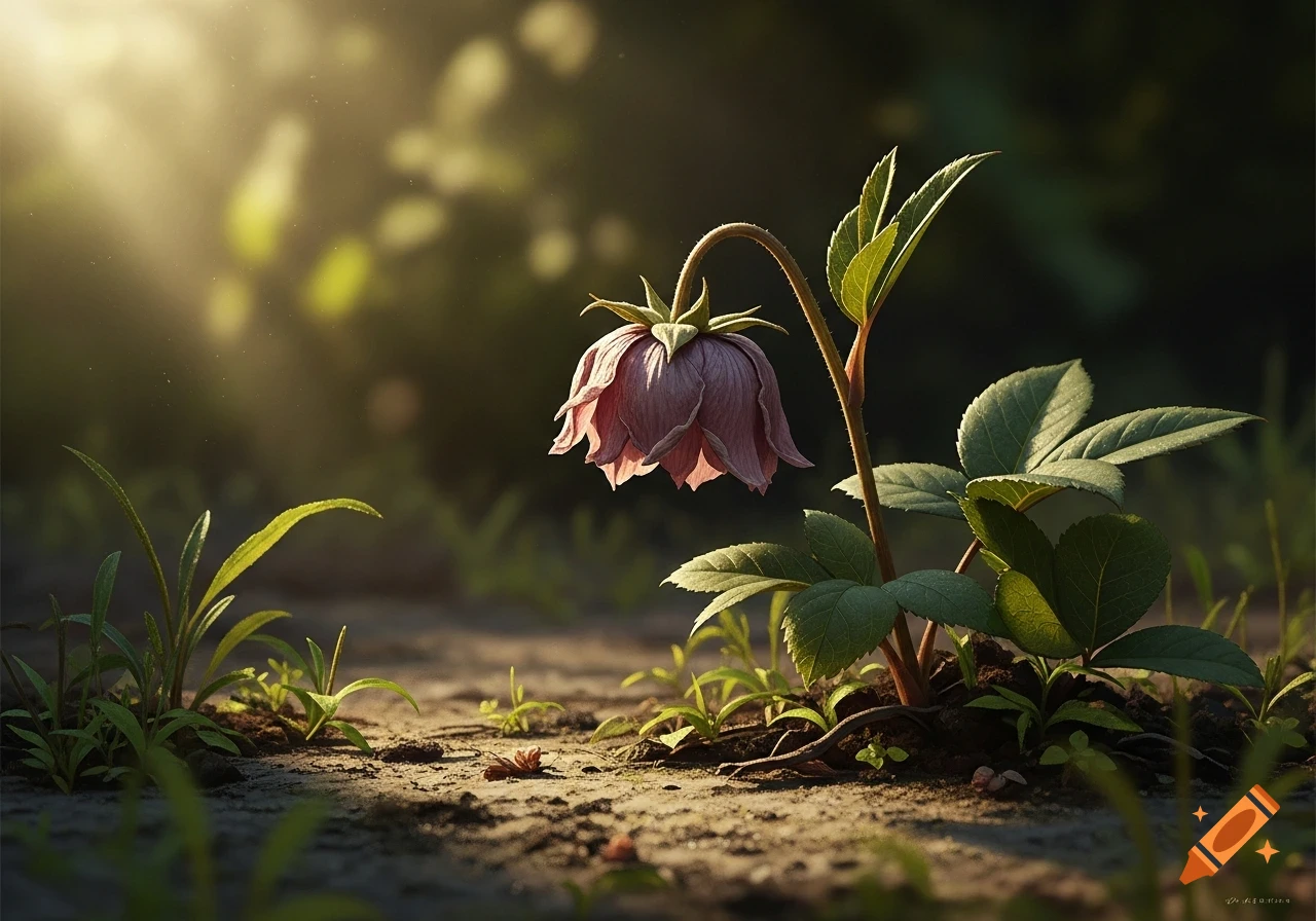 A close-up, photorealistic shot of a pinkish-purple wilting flower on a thin stem, surrounded by green leaves and small plants on a dirt path, bathed in warm sunlight.