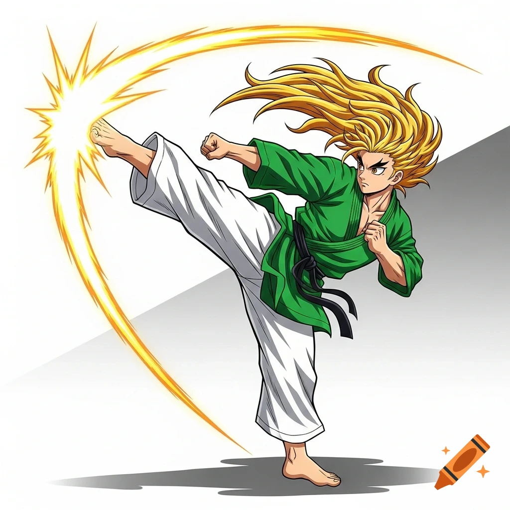 Manga character in a green kimono performing a high karate kick, with long blonde hair and a glowing impact effect.