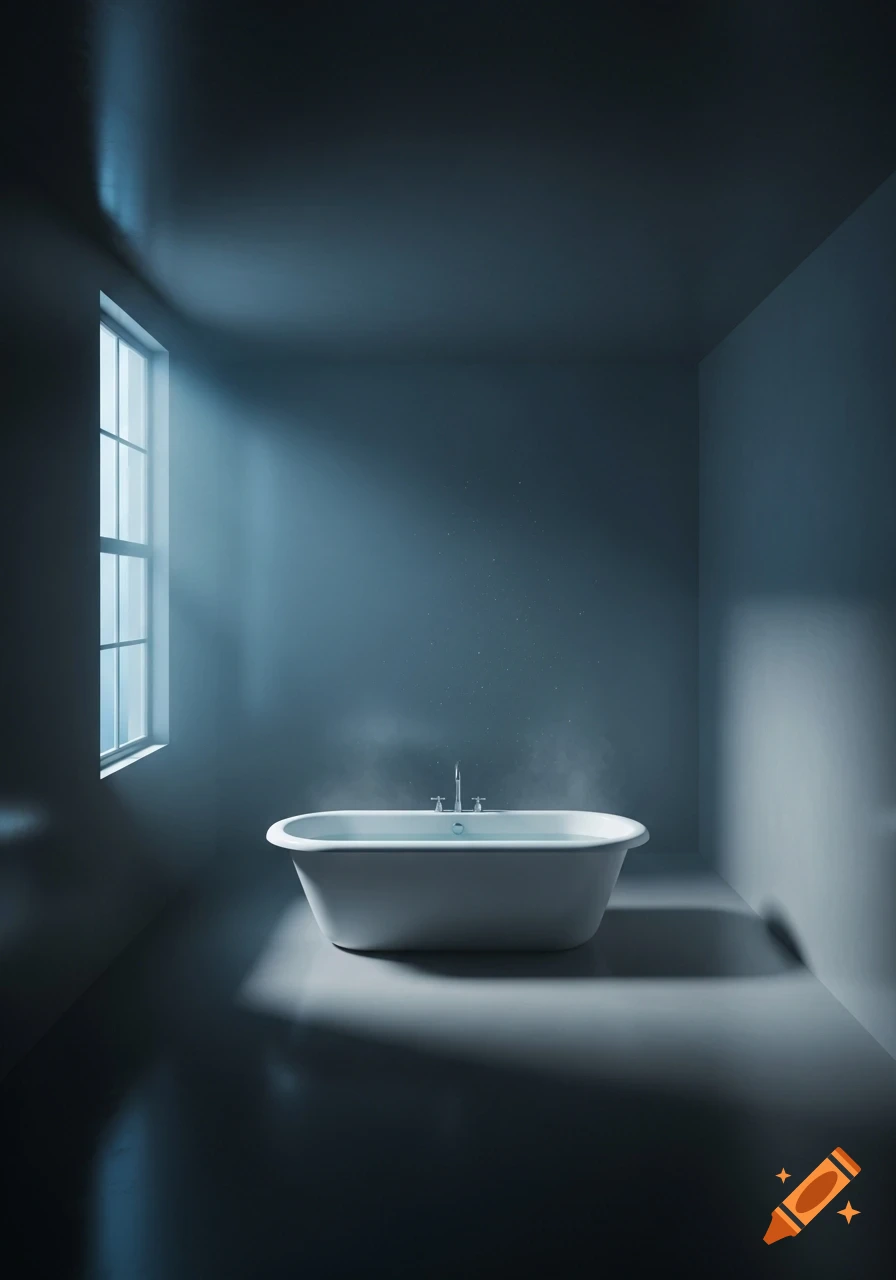 A white bathtub in a dimly lit, minimalist room with light streaming from a window. Steam rises from the water, creating a liminal space atmosphere.