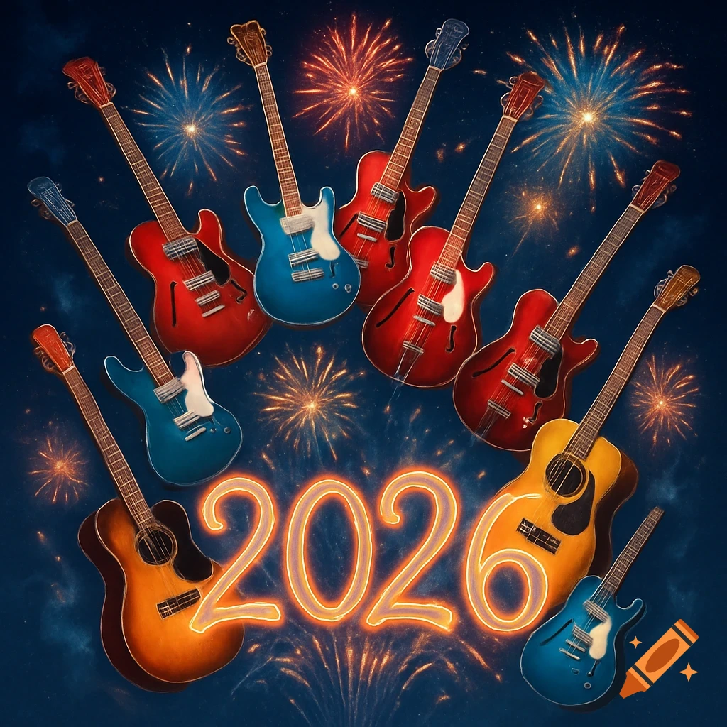 A festive image of multiple red and blue electric guitars and an acoustic guitar surrounding glowing orange numbers '2026' against a dark blue sky with colorful fireworks.