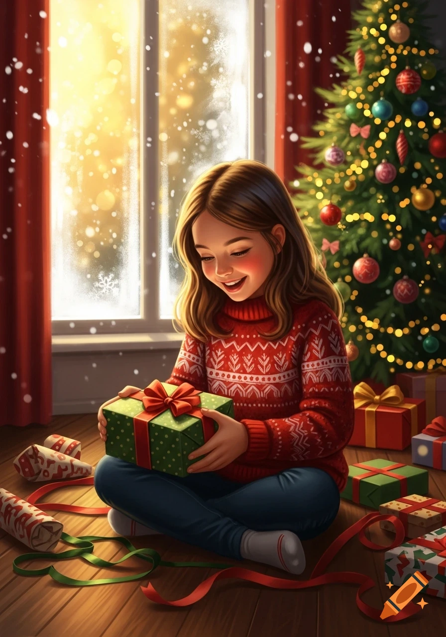 A happy young girl in a red sweater sits on a wooden floor, unwrapping a green Christmas present by a snowy window and decorated tree.