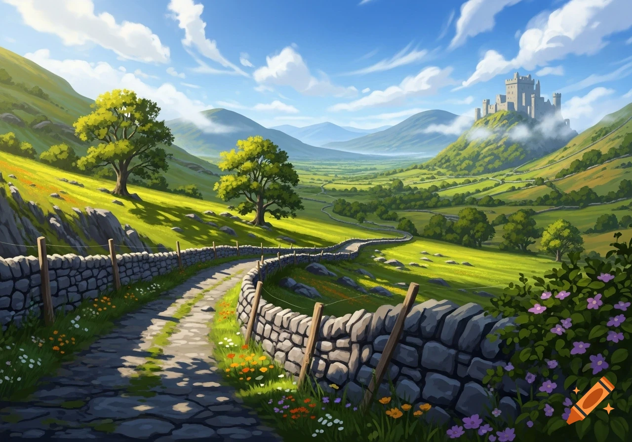 A winding stone path through a vibrant green valley with rolling hills, leading to a castle on a distant hill under a bright blue sky, in a stylized illustration.