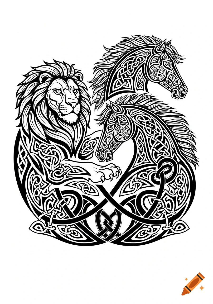 Black and white Celtic knot illustration of a lion and two horse heads intertwined.