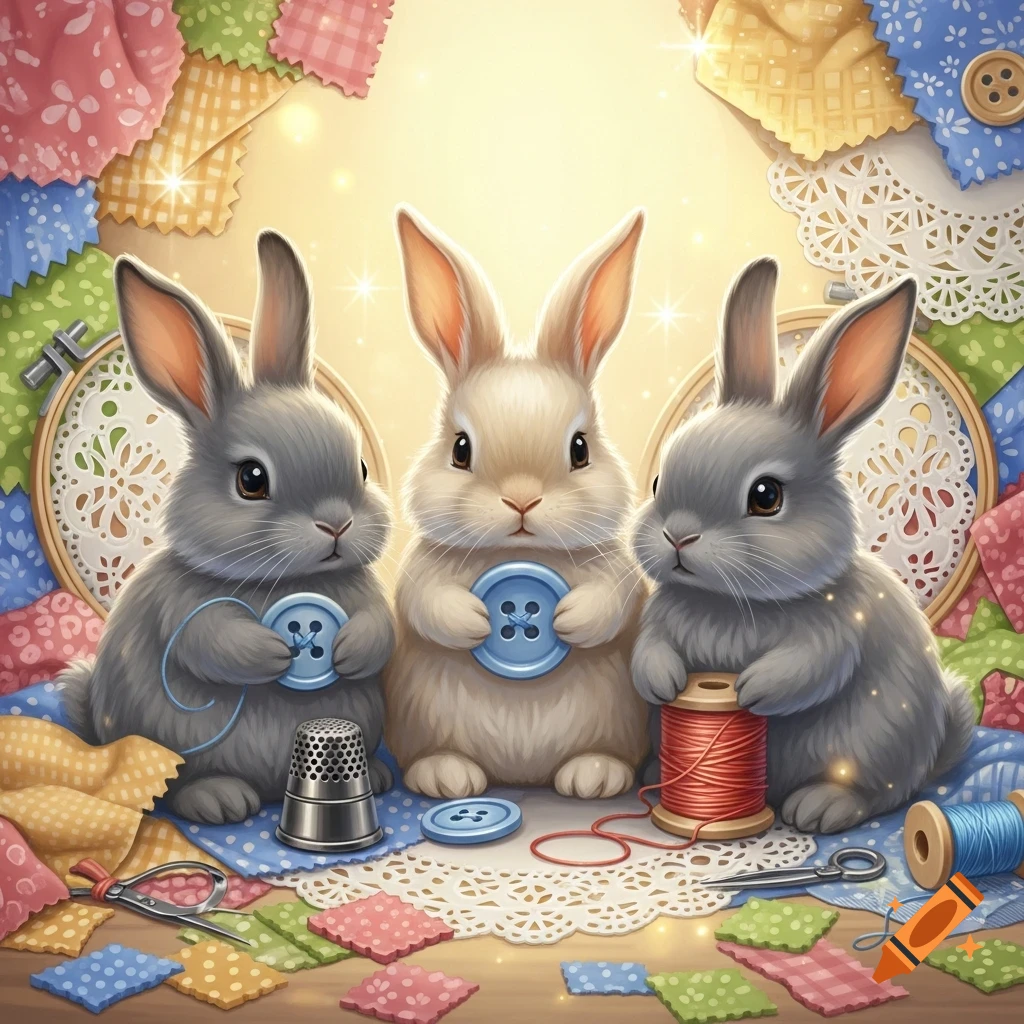 Three cute illustrated bunnies sit among colorful sewing supplies like fabric scraps, thread, and buttons, with a warm glowing background.