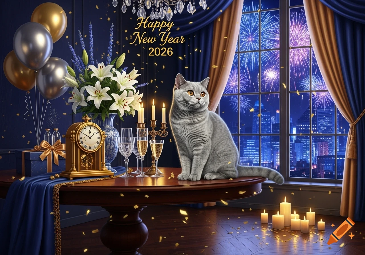 A British Shorthair cat on a table with New Year's decorations and "Happy New Year 2026" text, overlooking fireworks over a city.