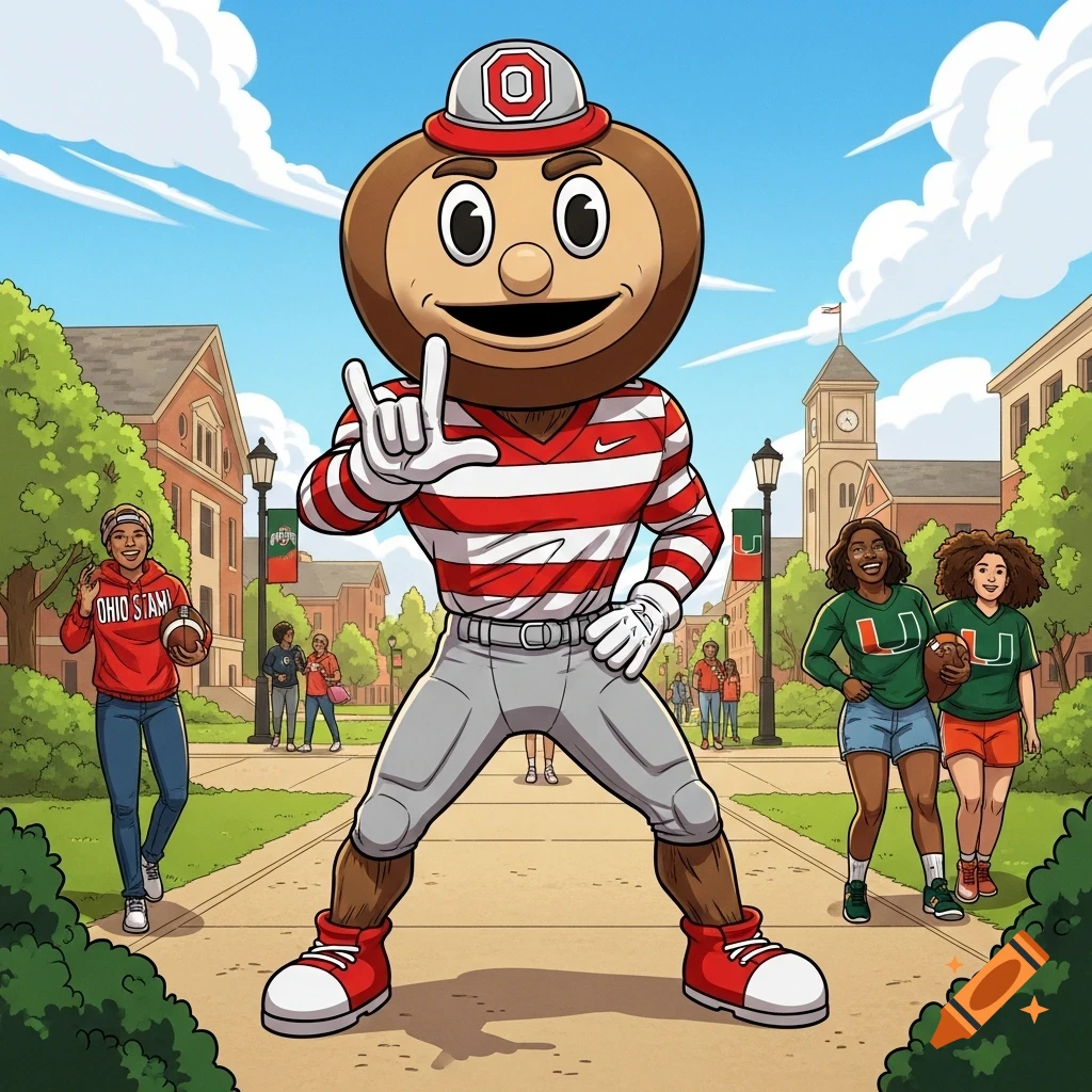Brutus Buckeye mascot makes a Miami U hand sign on a college campus with students in Ohio State and Miami U gear in a cartoon style.
