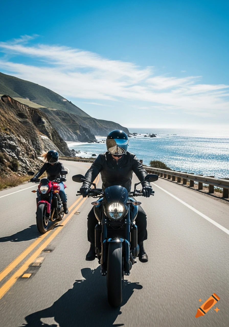 Two people ride motorcycles on a scenic coastal highway with mountains and ocean under a blue sky.