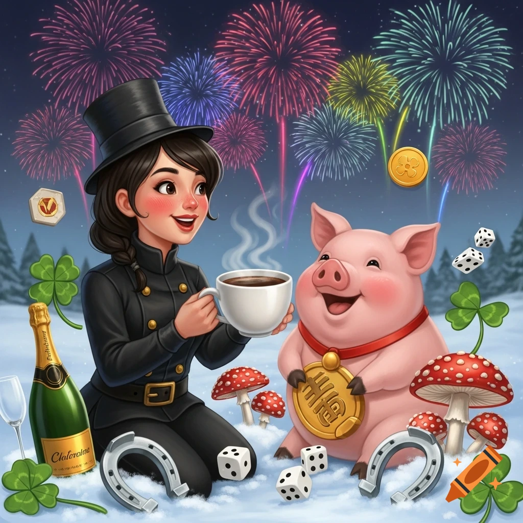 A cartoon chimney sweep woman and a happy pig sit in the snow with good luck charms and a champagne bottle, under fireworks.
