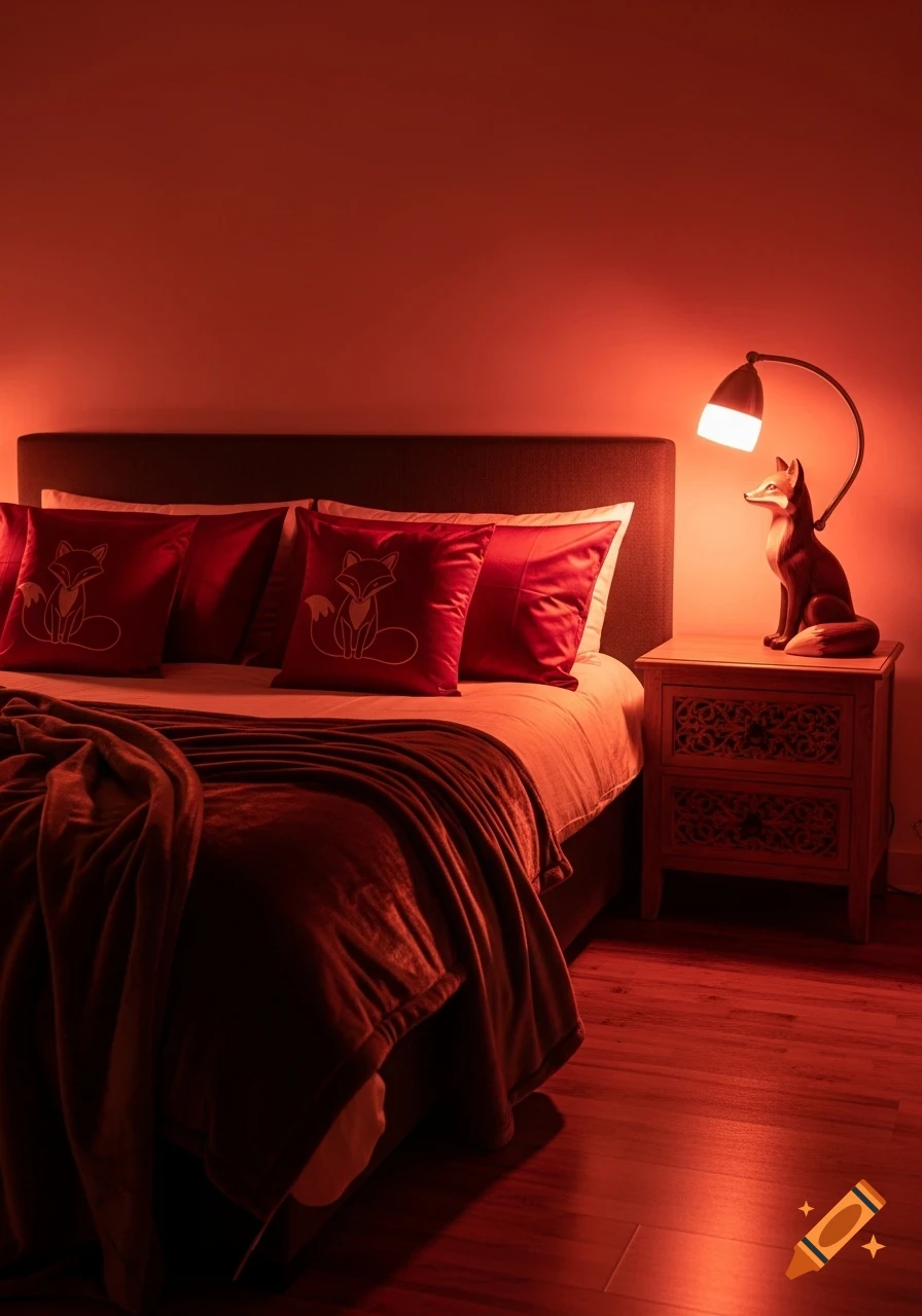 A bedroom lit by red LEDs, featuring a bed with fox-patterned red pillows and a fox-shaped lamp on a nightstand.