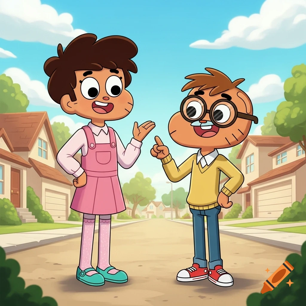 Two cheerful cartoon children, a girl in a pink dress and a boy in a yellow sweater and glasses, talk on a suburban street.