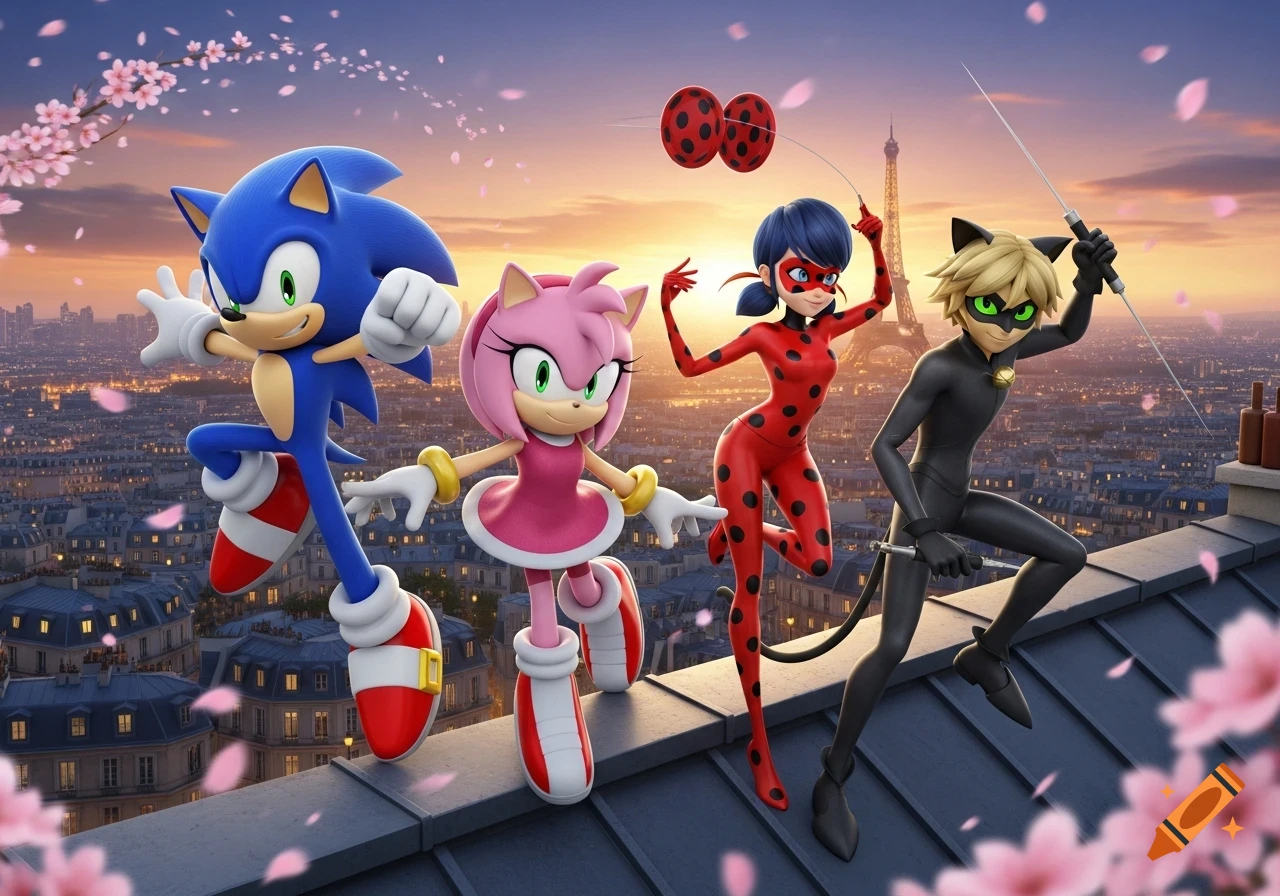 Sonic, Amy, Ladybug, and Cat Noir pose on a Paris rooftop at sunset with the Eiffel Tower and cherry blossoms.