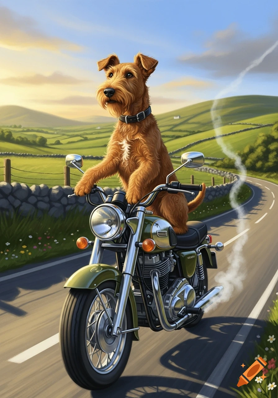 An illustrated Irish Terrier dog rides a vintage green motorcycle on a winding road through green hills at sunset.