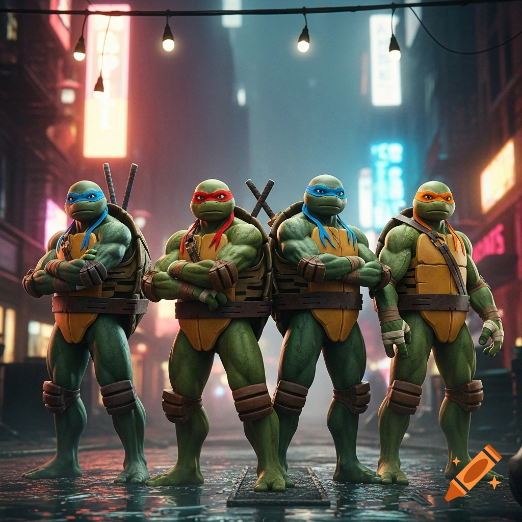 Four Teenage Mutant Ninja Turtles stand in a wet, neon-lit city alley at night, looking determined.